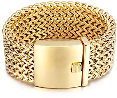 Skcess Armbänder für Herren Gold，Armreifen Stilvolle Schlichtheit Rostfreier Stahl Männer Lederarmband 21Cm