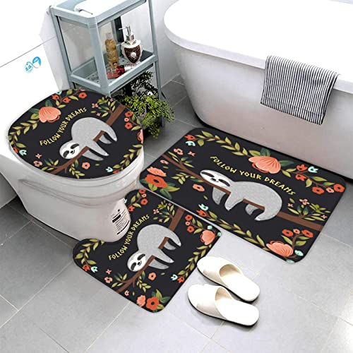AOLIGL Badematte Faultiere Blumen Blätter Badematten Set rutschfest Waschbar Badgarnitur 3teilig - WC Deckelbezug U-förmigen Contour Badezimmerteppich Matte Flauschige Mikrofaser