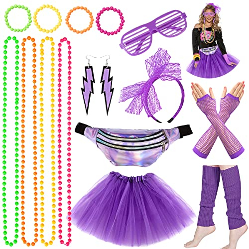 iZoeL 80er Jahre Kostüm Damen, 80er Outfit 80er Kleidung, 15tgl. ink. Tutu Rock Bauchtasche Haarreif Brille Armband Halskette Ohrringe, 80er Retro Party Accessoires