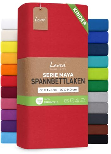 Lavea® Spannbettlaken Kinder 60x130cm - 70x140cm - Karminrot | Maya, 100% Jersey Baumwolle – Weiches Spannbetttuch mit Rundumgummi, atmungsaktives Bettlaken für Matratzen bis 12 cm