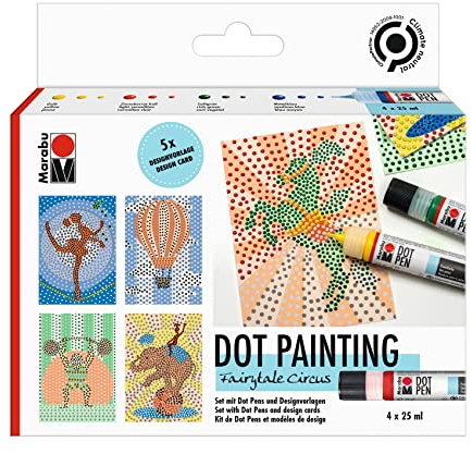 Marabu 1801000000082 - Dot Pen Set Fairytale Circus 4 x 25 ml, Punktfarbe auf Wasserbasis für dotting Technik, trocknet matt & erhaben auf, für Mandala & Gestalten in der Dot Painting-Technik