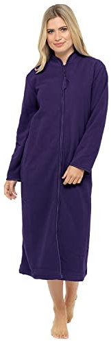 Vestaglia lunga da donna in morbido pile, taglie da 40 a 54 tasche frontali con cerniera, Viola, M