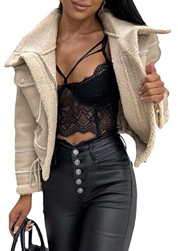 Onsoyours Damen Kunstlederjacke Winterjacke Wildlederimitat Jacke Mantel Herbst Winter Revers Plüschjacke Reißverschluss Kurz Bikerjacke Parka Outwear A Beige S