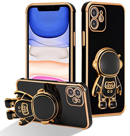 RALEAVO Compatible with iPhone 11 (6.1) Case with Cute Astronaut Kickstand Design Shockproof Plating Phone Case for iPhone 11-Black