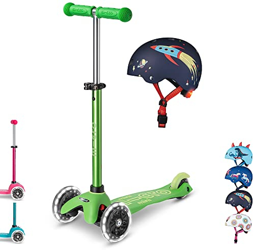 mini micro™ Deluxe LED | Das ORIGINAL | Kinder Roller ab 2 Jahren | inkl. zertifiziertem Helm | Kinderroller von 2-5 Jahre | Kickboard Scooter | 2 3 4 5 Jahre (Roller: Grün/Helm: Rocket, M)