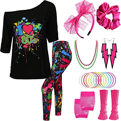 EBYTOP 80er Jahre Kostüme für Frauen, Halloween Jahrzehnte Kleidung Outfit Accessoires Neon Beinstulpen Shirts Leggings Ohrringe Schmuck Stirnband, 2 Stück XXL