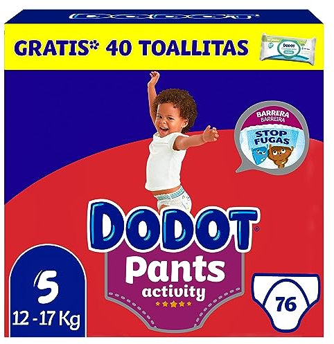 Dodot Pañal-Braguita Activity Pants , Talla 5 (12-17 kg), 76 Pañales + Regalo de 1 Pack de 40 Toallitas, Con Ajuste 360 anti-fugas extra suave