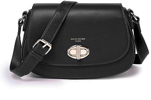 David Jones - Sac Bandoulière Femme - Besace Sac à Main Porté Epaule Croisé Simili Cuir PU - Pochette Sacoche à Rabat Tourniquet - Sac Ville Elégant Téléphone Travail Voyage Soirée Mode - Noir