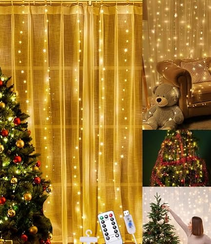 Lichtervorhang innen außen 3x3m 300 LED Lichterketten Warmweiß USB Lichterkettenvorhang 8 Modi Wasserdicht Lichterketten Vorhang mit 10 Haken Deko für Weihnachten, Hochzeit,Party,Valentinstag