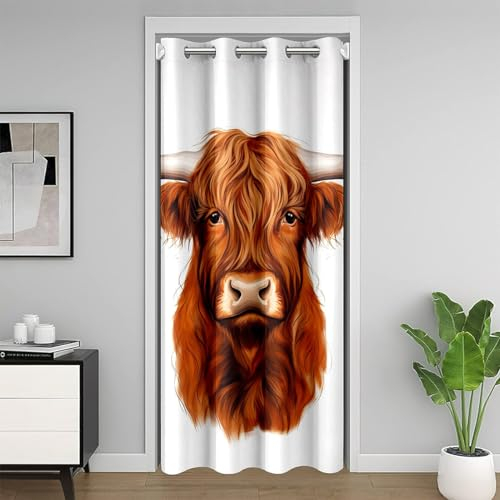 Hochland kuh Schrank Vorhang für Innentür Raumteiler 3D Longhorn Kätzchen Head Türvorhang 106x203cm für Tür Privatsphäre Western Tiere Verdunkelung Verdunkelungsvorhang Farm Tiere Dunkel Braun Weiß