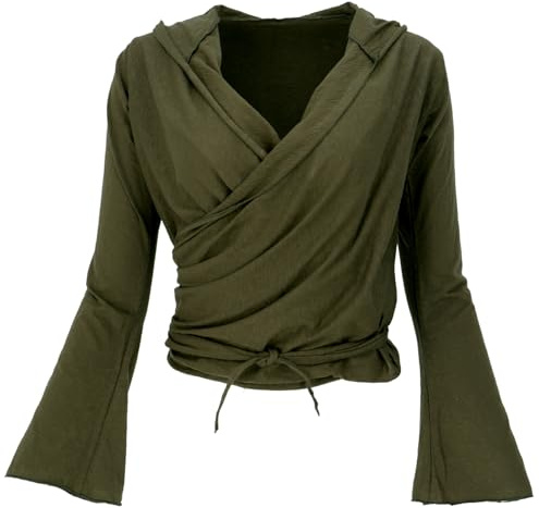 GURU SHOP Wickelshirt mit Trompetenärmeln, Yogashirt, Damen, aubergine | Baumwolle, normaler Schnitt, ausgestellte Ärmel, vielseitig kombinierbar, ideal für Yoga und Freizeit.