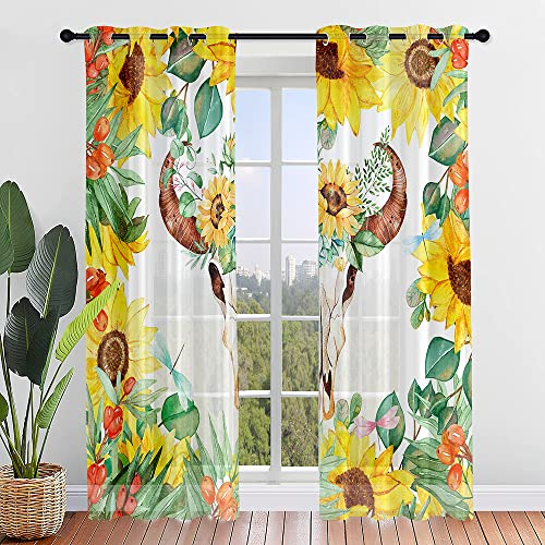 Hiseng Sonnenblume Voile Vorhänge mit Ösen Durchsichtig Halbtransparent Ösenvorhang für Fenster Wohnzimmer Schlafzimmer Blumen Transparent Gardine 2er Set (80x115cm,REH)
