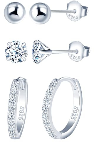 MICYUMI S925 Sterling Silber Ohrringe für Frauen Männer 3 Paar Ohrringe Set Kubische Zirkonia-Ohrringe Kugel-Ohrstecker Creolen Ohrringe