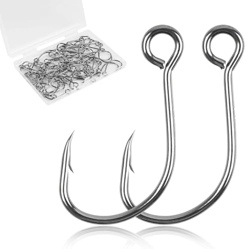 Inline Single Fishing Hooks Single Replacement Hooks for Baits Lures 50pcs High Carbon Steel Large Eye Inline Circle Hook with Barbed Saltwater Freshwater