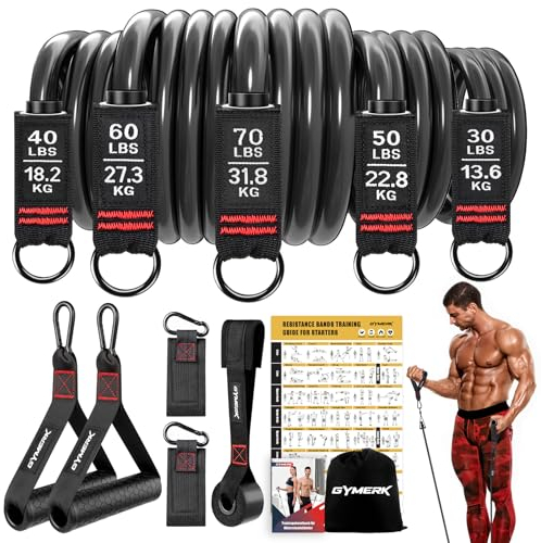 GYMERK Resistance Bands Set, Expander Fitness Mit Gummigriffe, Trainingsplakat, Knöchelriemen, Türanker, Tragtasche, 5er Verschiedene Widerstandsstufen Ideal für Krafttraining