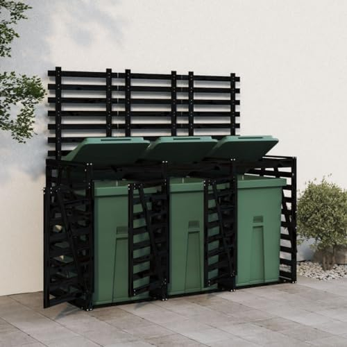 Camerina Abri pour Poubelle Triple sur roulettes Noir Bois Massif de pin,Cabane De Jardin Exterieur, Resine Abri Poubelle405