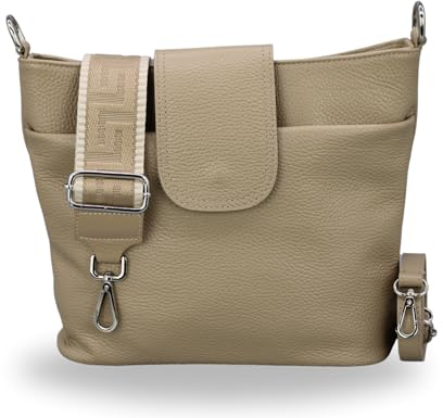 BRISE Umhängetasche Damen Echtes Leder ELLIE Handgemachte Crossbody Bag mit Ledergurt + Optionalen Breiten Gemusterten Riemen 6 Fächer Wasserdichte Schultertasche Made in Italy (Taupe - 3)