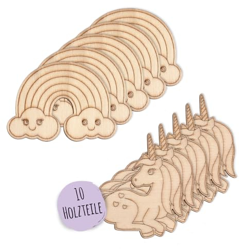 10 Holzmotive zum Anmalen, je 5 mal Einhorn & Regenbogen, Mitgebsel Kindergeburtstag, Holz Bastelset Kinder, Einhorn zum Anmalen, Basteln für Kinder