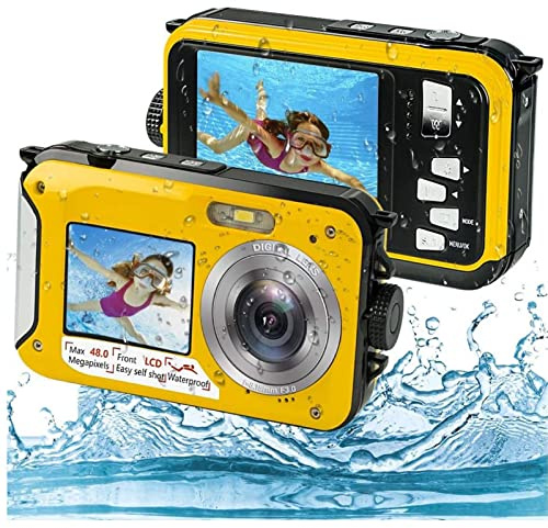 Underwater Camera, 10ft Waterproof Camera, Full HD 2.7K 48MP, 16X Digital Zoom, Underwater Digital Camera with Selfie Dual Screen, DV Digital Camera for Snorkeling (Yellow)