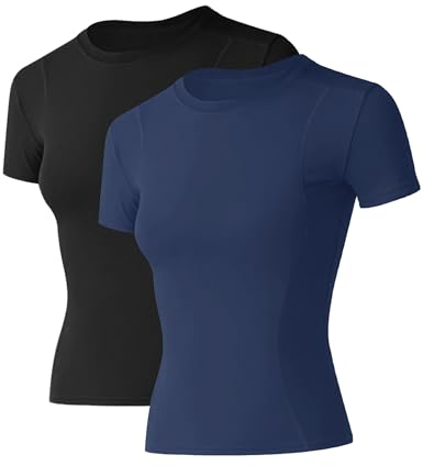 IECCP T-shirt de sport pour femme, à manches courtes, col rond, respirant, athlétique, course à pied, gym, yoga, fitness, taille XS à XL, Noir et bleu foncé., L
