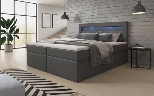 Boxspringbett Rinori 180x200 Doppelbett Polsterbett Bett mit LED-Beleuchtung, USB-Anschluss und Stauraum | Bezug: Kunstleder | Farbe: Grau | Härtegrad: H2 (bis 70kg)