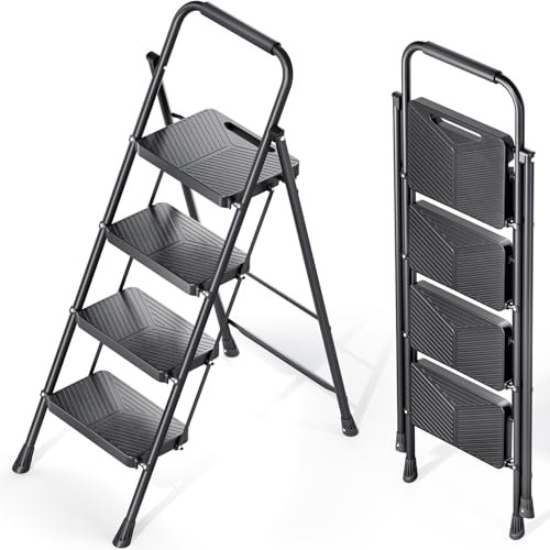 KINGRACK 4 Step Ladder, Folding Step Stool with Safe-Lock Design, 500 lbs Sturdy Steel Ladder with Wide Anti-Slip Pedal, Convenient Handrail for Household and Kitchen, Black