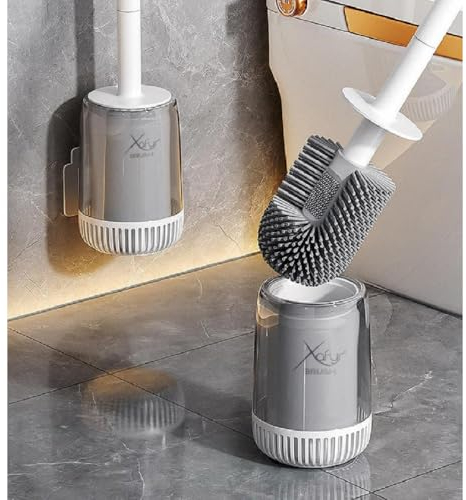 Xafyr®Brush - Toilettenbürste Silikon – Patentierte WC Bürste & Halter mit Wandmontage ohne Bohren, Weißer Stiel & Graue Borsten, Antibakteriell, TurboTrocknung, Innovativ & Hygienisch