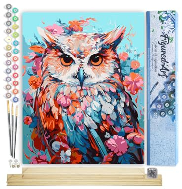Figured'Art Peinture par Numéro Adulte avec Cadre Hibou coloré en fleurs - Activité Manuelle Kit de Loisir Créatif DIY Numéro d'Art Complet - 40x50cm avec châssis en bois à monter