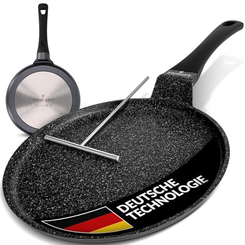 ZWIEGER Crepe Pfanne mit Teigverteiler – Pancake Pfanne Induktion 26 cm | PFOA- & PFOS-frei – Beschichtete Pfannkuchenpfanne, Aluguss, vollflächiger Edelstahlboden, für alle Herdarten geeignet