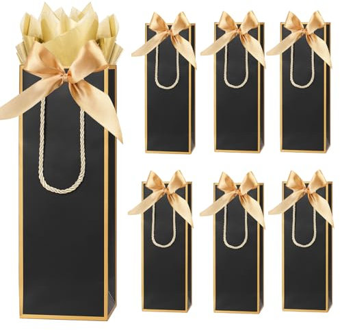 6 Pack Wine Gift Bags with Tissue Paper Wine Bottle Paper Bags with Bow Ribbon for Wedding Birthday Christmas Retirement Party Supplies (Black)