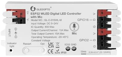 GLEDOPTO ESP32 WLED Controller - Fernsteuerung, 100+ DIY Beleuchtungseffekte, mehrere Tonreaktionsmodi, Segmentsteuerung für Farbe und Effekte, DC5-24V Eingang, perfekt für RGB und RGBW Digital Lights