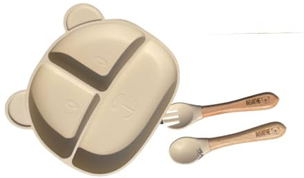 Assiette repas + couvert d'Ours pour enfant personnalisé/Cadeau de naissance anniversaire bébé enfant/Coffret repas assiette ventouse