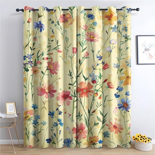 SZLYZM Vorhänge Wildblumen, Verdunkelungsvorhang 2er Set - Vorhang Blickdicht Geblümt Botanisch Muster, Thermovorhang für Deko Wohnzimmer Schlafzimmer, Gardinen mit Ösen 220x140 cm (HxB)