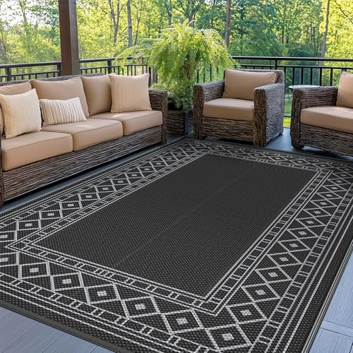 GENIMO Outdoor-Teppich, wasserdicht, 1,8 m x 2,9 m für Terrasse, Faltbarer, wendbarer Kunststoff-Strohteppich für Reiseanhänger, Außenfläche für Wohnmobil, Deck, Picknick, Veranda, Camper, Balkon