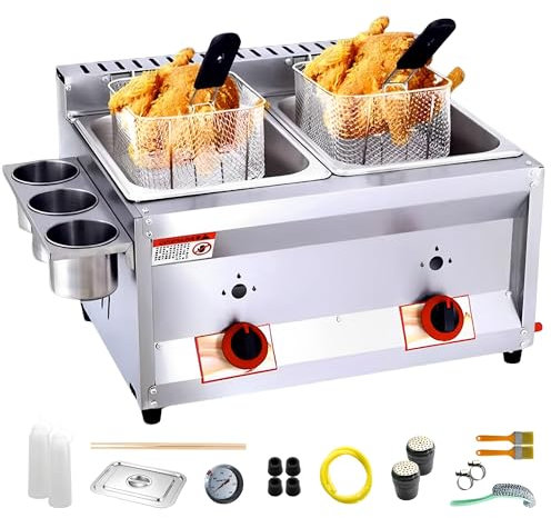 Gas Fritteuse Edelstahl Fritteuse mit Pommes Körbchen 20 Liter Volumen Doppel Fritteuse für Küche Restaurant Imbissstube