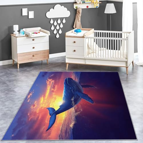 Teppich Digitale Landschaft Wal-Sonnenuntergang BedruckterBlau Und Gelb Waschbarer Rutschfester Teppich für Wohnzimmer Schlafzimmer Büro Kinderzimmer 180 x 250 cm