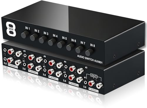 FlyroadUp 3.5mm Aux + RCA L/R Bi-Directional Stereo Audio Switch 8 in 1 Out | A/B Analog Audio Switcher Selector Box for DVD/CD Player, Gaming Console, Speaker, Amplifier, Plug and Play