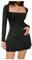 GORGLITTER Women's Square Neck A Line Tiered Ruffle Dress Ruched Long Sleeve Swing Mini Dresses Black S
