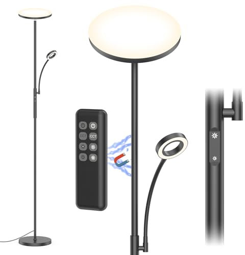 Amdelne Stehlampe Dimmbar LED, Stehleuchte Wohnzimmer Schwarz 30W mit flexibler 5W Leselampe, Modern Deckenfluter mit 4 Farbtemperatur, Fernbedienung & Touch-Steuerung für Schlafzimmer, Büro, Hotel