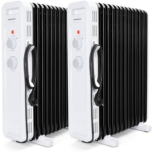 Aigostar Radiador de Aceite de 2500 W, 13 Elementos, 3 Niveles de Potencia, Termostato Ajustable y Función de Apagado Seguro, Protección Antivuelcos, Recomendado para Estancias de 25 ㎡, 2 Unidades