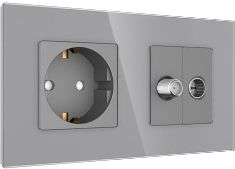 PULSAR Antennendose/Steckdose Unterputz Glas Grau 2-Fach, Sat/Kabel Dose | Antennendose mit Steckdose Unterputz 2-Fach Glas Grau - Sat-Kabeldose für TV Kabelfernsehen & Satelliten 157 x 86mm