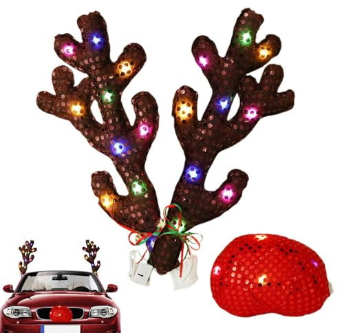 Rentier Geweih Und Nase Auto Weihnachtsdeko | Leuchtendes Weihnachts-Rentier-Auto-Set | Festliche Deko-Accessoires - Für Fenster, Dach, Kühlergrill