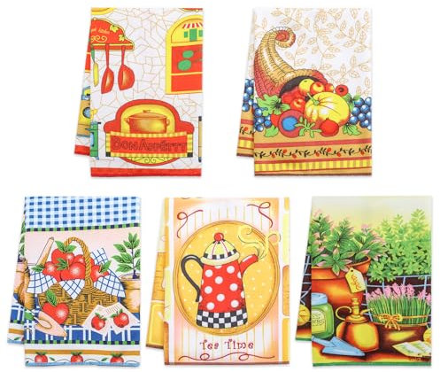 Autilify Geschirrtücher-5er Set -55x40 cm - Spülküchentücher mit 5 Designs (Früchte, Teezeit, Pflanzen, Küchenutensilien, Blumenkorb) - Hochwertiges Polyester, Saugfähig & Schnelltrocknend