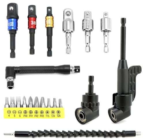 QWORK® 20 Stück Winkelschrauber Set, 2 x 105 ° Winkelschrauber Vorsatz Adapter, 1 x Bohrer Verlängerung, 6 x Stecknuss Adapter, 10 x silbernes bit,1 x L -Schraubenschlüssel