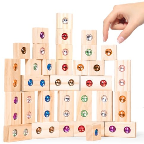Regenbogen-Stapelspielzeug Aus Holz, Holzbausteine Set für Kinder, Regenbogen Stapelblock, Regenbogen-Stapelspielzeug Aus Holz Mit Acryl Edelstein, Pädagogisches Lernspielzeug Für Kinder (32stk)