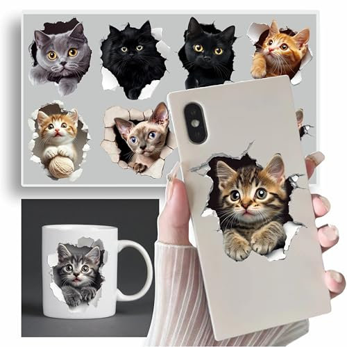 x8 Cute Peeking Cat Vinyl Stickers Cover Marks Non Transparent Waterproof Hole in The Wall Cat Decals 70mm Tall Ideal for Phone case, Cups, Scrapbooking, laptops & More