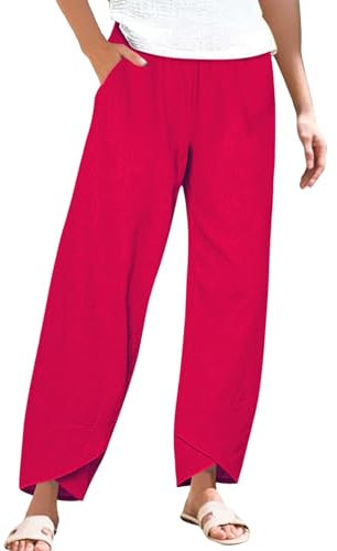 Damen-Freizeithose, elastische Taille, weites Bein, Leinenhose, Übergröße, Jogger, Sweathose, Haremhose mit Taschen, Jogger, Baggy, Freizeithose, Urlaubskleidung, Petitetrouser, rot, S