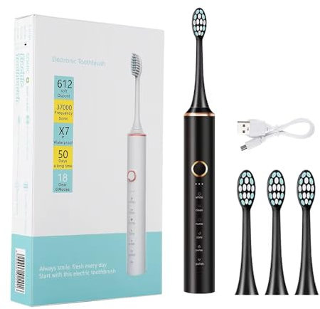 Electric Sonic Toothbrush, 37000 Vibrations, 18 Cleaning Modes, 50-Day Battery Life, Waterproof, 3 Brush Heads (Black)