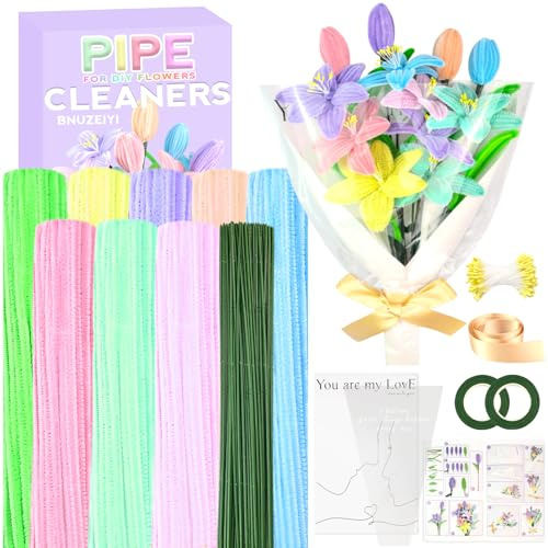 Pfeifenreiniger Blumen Set Bastelset Kinder 8 Farben Pfeifenputzer zum Basteln Blumen Chenilledraht DIY Bastelset für Mädchen und Erwachsene Festival Dekoration Spielzeug Geschenke, Lilie Blumenstrauß