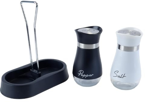 Enwye Salt and Pepper Shaker Set with Holder, Refillable Salt Shaker, Kitchen Aid for Counter, Modern Decoration Table (Black + White)